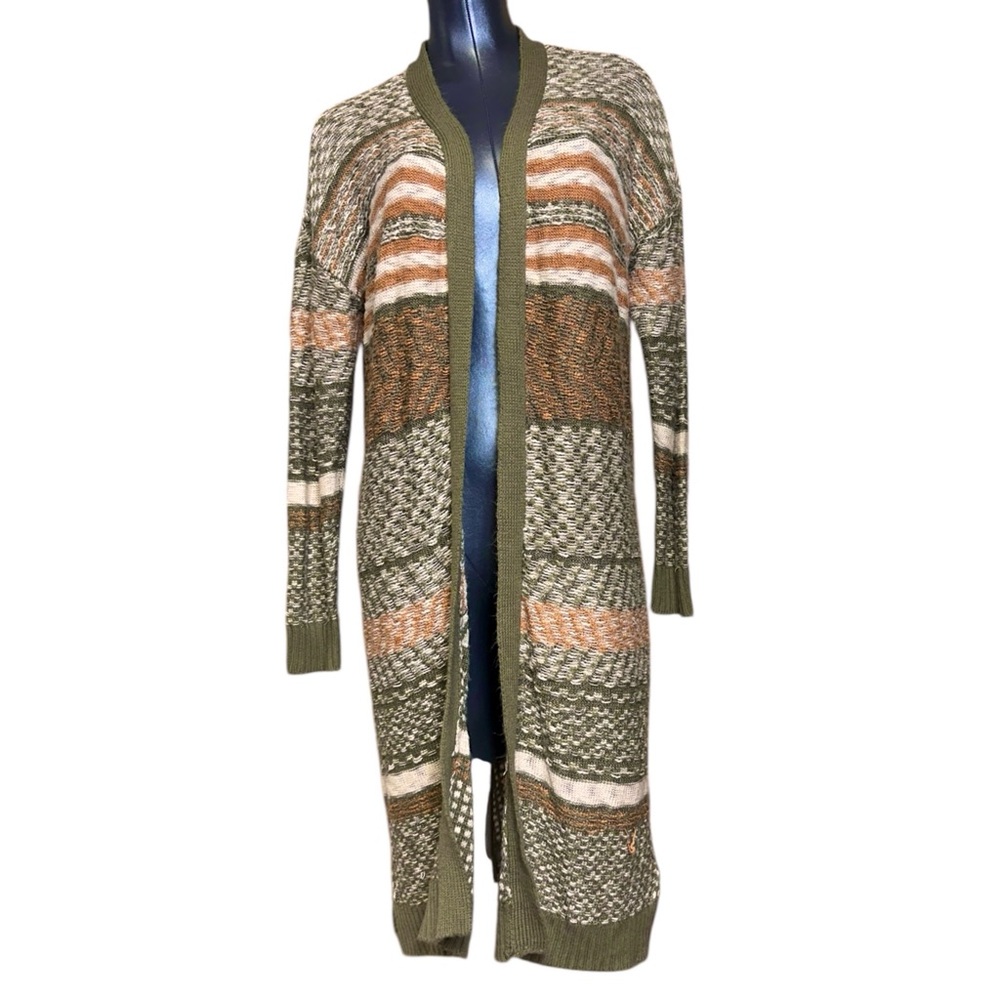 Marled Knit Olive Green Brown Women's Duster Long Sweater Cardigan Size Large